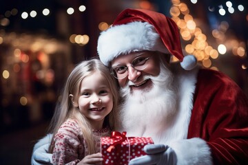 Fototapeta na wymiar Santa Claus Gifting a Little Girl and Snapping a Selfie at a Festive Night Event.
