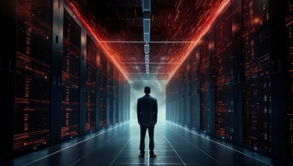 Fototapeta na wymiar Rear View of a Man Standing in a Data Center.