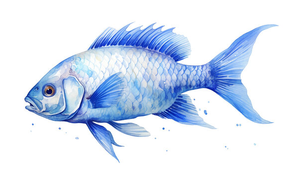 Watercolor Blue Fish on transparent background