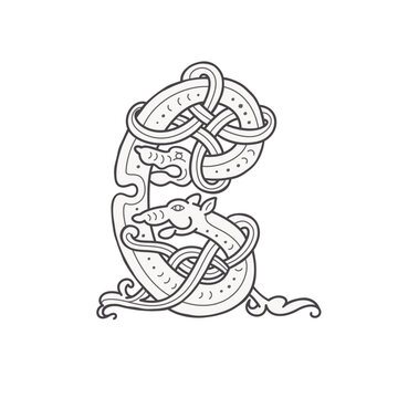 C letter logo. Medieval drop caps monogram. Initials made of spiral Celtic beasts, snake, dragon. Gothic illuminated calligraphy. Middle Ages heraldic ornate capitals. Germanic font for pagan tattoos.