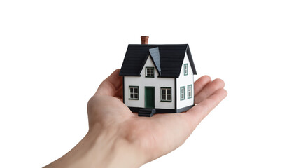 Hand holding a model house in transparent background PNG