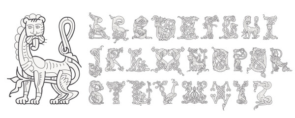 Medieval drop caps alphabet. Initials made of spiral Celtic beasts, lions, birds. Gothic illuminated calligraphy. Middle Ages heraldic ornate capitals. Germanic font for tattoos, pagan music, potions.