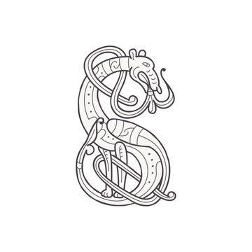 S letter logo. Medieval drop caps monogram. Initials made of spiral Celtic beasts, snake, dragon. Gothic illuminated calligraphy. Middle Ages heraldic ornate capitals. Germanic font for pagan tattoos.