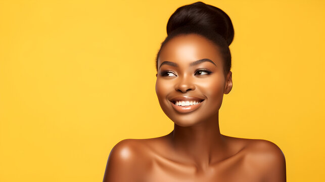 A smiling young black African American woman with short hair, wearing a white t-shirt and orange lipstick. The image is a skincare commercial portrait on a orange background,