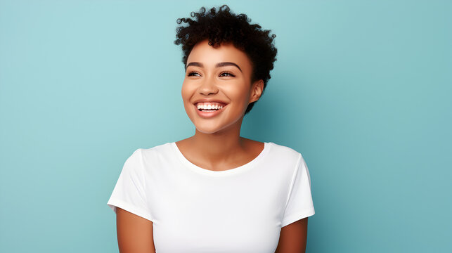 A smiling young black African American woman model with short hair.. The image is a skincare commercial portrait on a orange background,