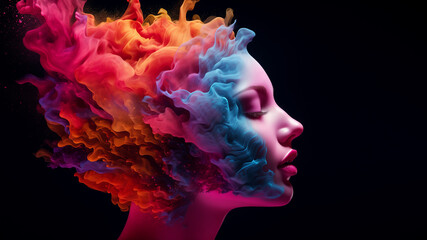 Abstract head exploding with colored smoke powders. Concept of creativity, idea, or brainstorming.