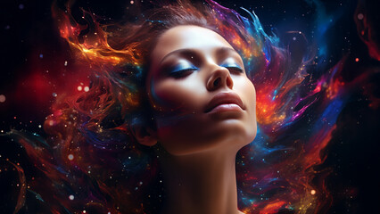 Abstract head with colored galactic, nebula. Concept of creativity, idea, or brainstorming.
