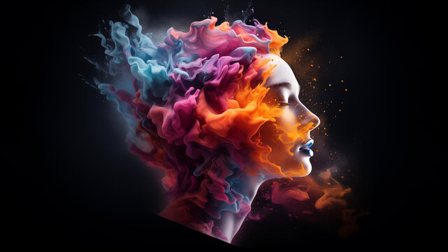 Abstract head exploding with colored smoke powders. Concept of creativity, idea, or brainstorming.