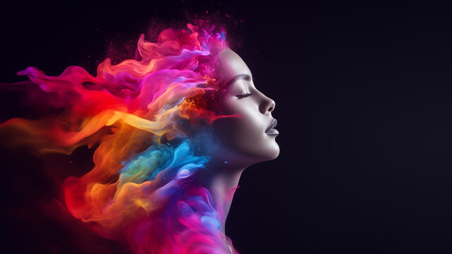 Abstract head exploding with colored smoke powders. Concept of creativity, idea, or brainstorming.