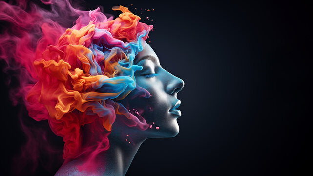 Abstract head exploding with colored smoke powders. Concept of creativity, idea, or brainstorming.