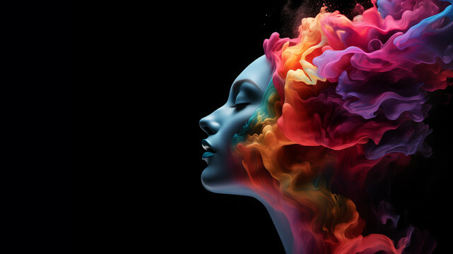Abstract head exploding with colored smoke powders. Concept of creativity, idea, or brainstorming.