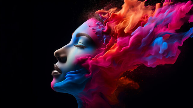Abstract head exploding with colored smoke powders. Concept of creativity, idea, or brainstorming.