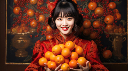 Fototapeta na wymiar Smiling Chinese girl with red Chinese new year traditional clothing and oranges, lunar spring festival