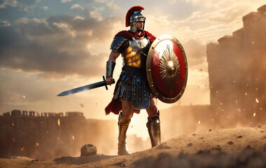 Attacking savage and brutal imperial soldier from rome in steel armour and red cloak holding sword and shield in dark background. roman legionnaires in armor standing alone. Generative ai - obrazy, fototapety, plakaty