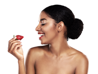 Woman, strawberry and skincare for beauty or eco friendly product, natural cosmetics and dermatology. Happy african person or model with fruit for vegan makeup isolated on transparent png background