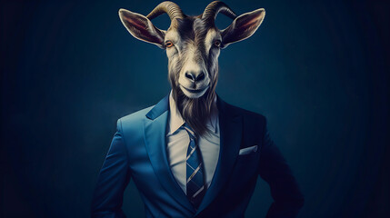 A suave Goat donning a stylish blue suit paired with a refined tie, A got dressed in a blue suit and a tie