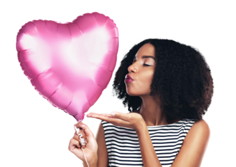 Woman, heart balloon and blowing kiss for love, romance or date isolated on png transparent background. Person, face and pout with celebration for valentines day, shape or kindness emoji for care