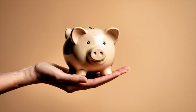 Hand holding piggy bank on beige background with large copy space 