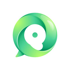 Q letter logo inside speech bubble with swirl pattern. Negative space style icon. Colorful gradient emblem for your social media app, call center, online message, feedback icon, telemarketing screen.