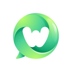 W letter logo inside speech bubble with swirl pattern. Negative space style icon. Colorful gradient emblem for your social media app, call center, online message, feedback icon, telemarketing screen.