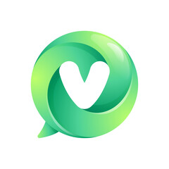 V letter logo inside speech bubble with swirl pattern. Negative space style icon. Colorful gradient emblem for your social media app, call center, online message, feedback icon, telemarketing screen.