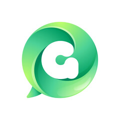 G letter logo inside speech bubble with swirl pattern. Negative space style icon. Colorful gradient emblem for your social media app, call center, online message, feedback icon, telemarketing screen.