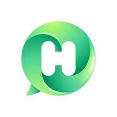 H letter logo inside speech bubble with swirl pattern. Negative space style icon. Colorful gradient emblem for your social media app, call center, online message, feedback icon, telemarketing screen.