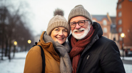 Obraz premium Portrait of a senior couple smiling while standing in front of the europian city in wintertime