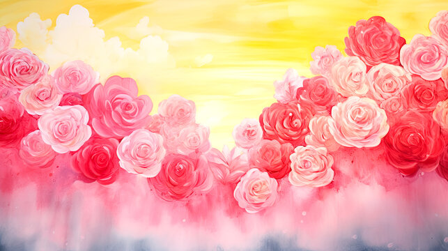 Beautiful red pink yellow Roses Background for Valentine's day, watercolor painting