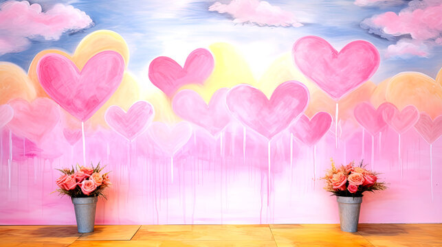 watercolor background with pink hearts and rose