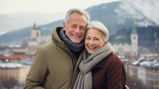 Portrait of a senior couple smiling while standing in front of the europian city in wintertime