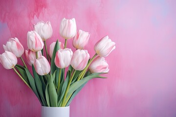 pink and white tulips of the on the pink background