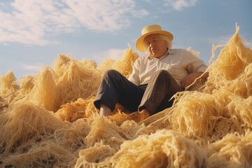 An elderly grey-haired farmer wearing black pants, white shirt and straw hat sitting on the haystack in the field under blue sky. Harvest. Summer. Hay. Noodles, spaghetti. Surrealism. Unreal