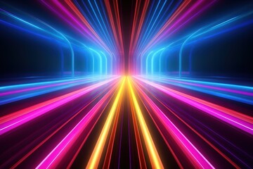 3D render, vibrant neon rays and glowing lines create abstract colorful background