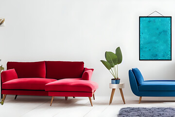 A Crimson Couch and Coffee Table, Potted Plants, Nile Blue Theme Wall with Vertical Blank Poster in a Minimalist Room