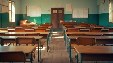 Empty classroom, vintage wooden interior with lecture chairs and desks