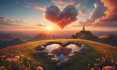 Art style Heart Shape Cloud in the sunset sky  - obrazy, fototapety, plakaty