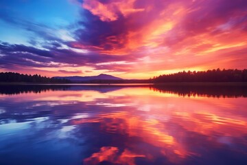 Tranquil lake, ablaze in orange and purple sunset hues. - obrazy, fototapety, plakaty