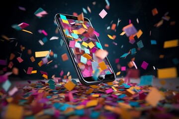 3d phone colorful confetti. Internet winner holiday mobile surprise. Generate Ai - obrazy, fototapety, plakaty