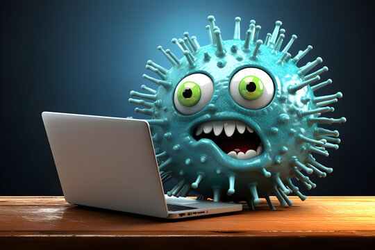 funny cartoon computer virus character and laptop