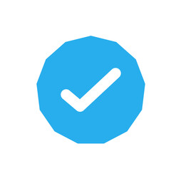 Approved Icon. White Check Mark with Blue Circle Shape Sparkle Star Sticker Label 