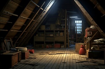 House wooden attic old space. Home board dirty roof with small light. Generate Ai
