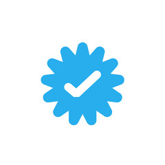 Approved Icon. White Check Mark with Blue Circle Shape Sparkle Star Sticker Label 