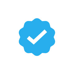 Approved Icon. White Check Mark with Blue Circle Shape Sparkle Star Sticker Label 