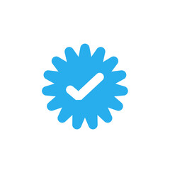 Approved Icon. White Check Mark with Blue Circle Shape Sparkle Star Sticker Label 