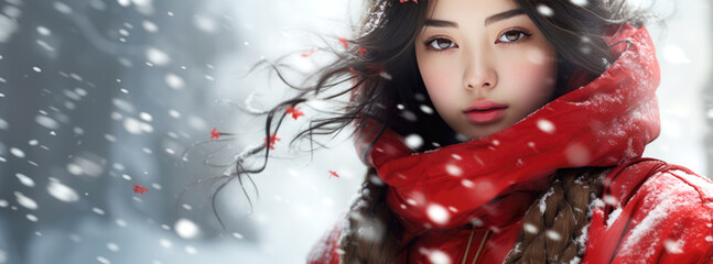 Chinese girl with red Chinese new year traditional clothing, snow background, lunar spring festival