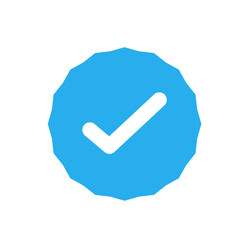 Approved Icon. White Check Mark with Blue Circle Shape Sparkle Star Sticker Label 