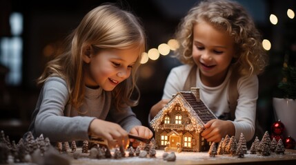 Children creating homemade gingerbread house