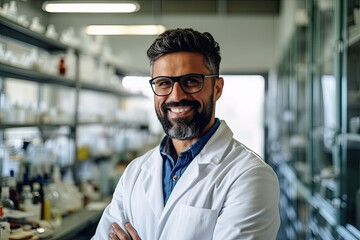 Confident male pharmacist with smile stands in white coat against background of shelves with bottles of pills and medicines, ready to explain to patients the instructions for medicines