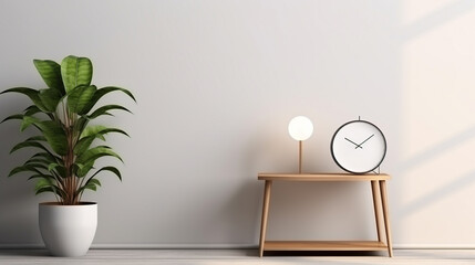 Floor lamp and wooden coffee table with plant near clock with blank screen. generative ai